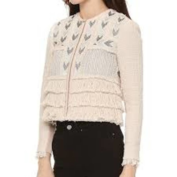 Rebecca Taylor Blush Pink Tweed Embroidered Fringe Jacket Sz 2 - Picture 2 of 6